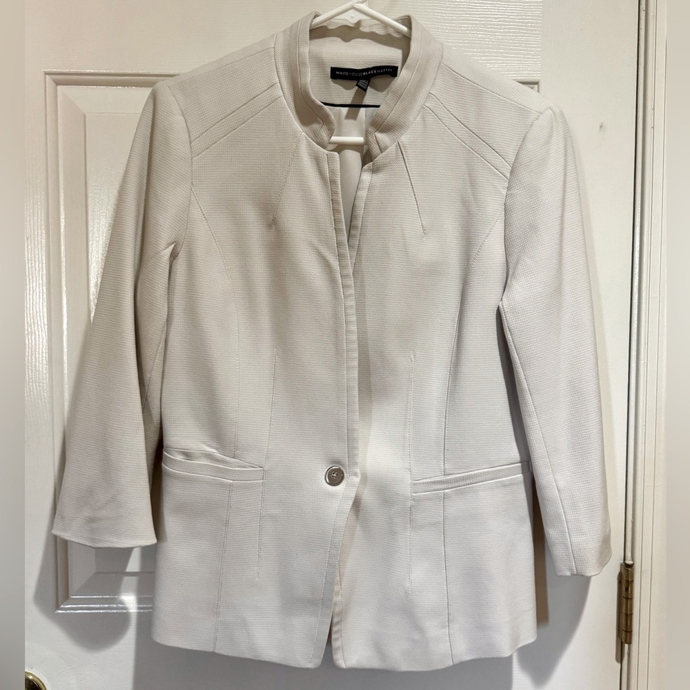 White House Black Market Black single breasted Blazer with 3/4 sleeves, size 10